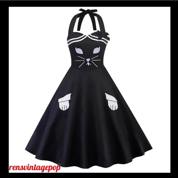 Dresses & Skirts - NWT Sailor Black Cat Halter Dress Pinup Retro